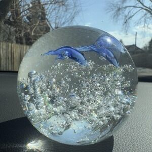 Vintage Round Orb Paperweight Glass Blue Dolphins With Air Bubbles Glass Decor